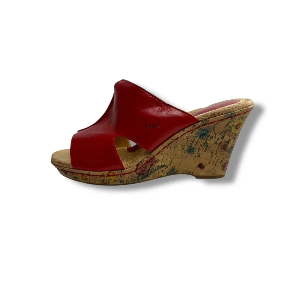 BOC Born Concept Red Leather Floral Cork Wedge Mules Women's Size 8M